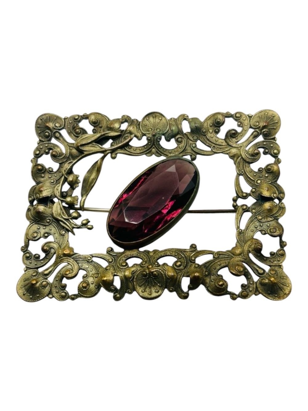 Antique Art Nouveau Amethyst Glass Lily of the Valley Sash Brooch